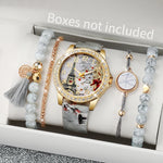 3/4/5PCS Fashion Rhinestone Women's Watch Flowers Printed Leather Band Female Quartz Watches Bracelets Set（Without Box）