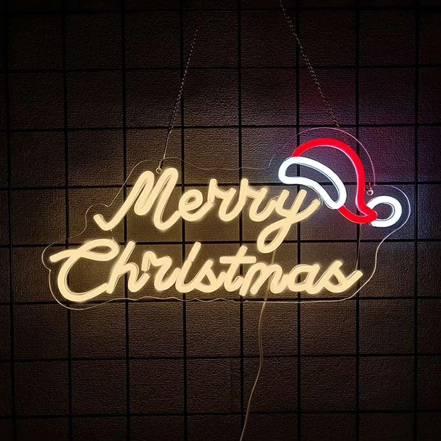 Merry Christmas Neon Sign for Wall Decor,Christmas Neon Sign with Xmas Tree and Santa Hat for  Living Room Home Party Decor
