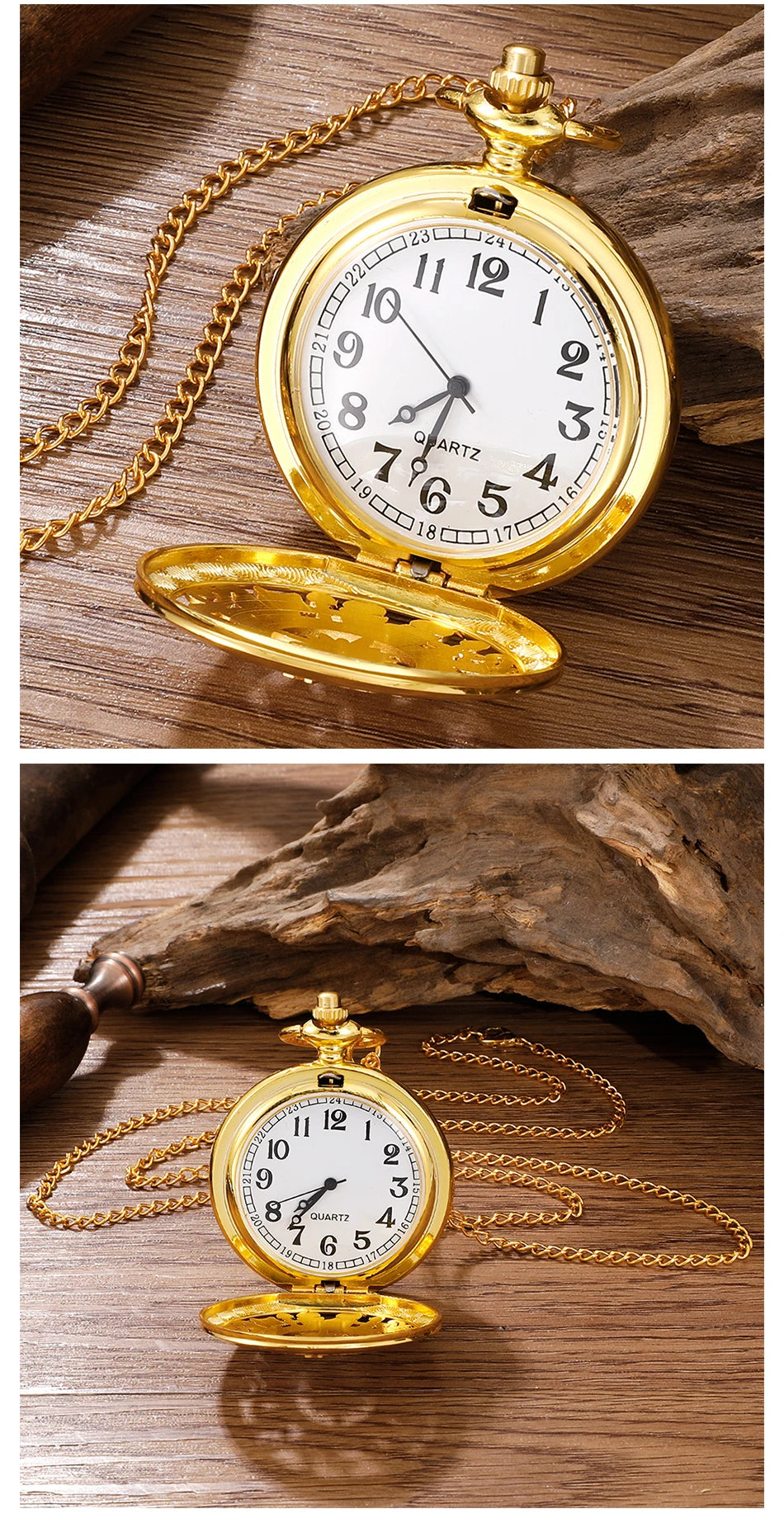 Antique Steampunk Vintage Arabic Numerals Quartz Pocket Watch Gold Case Necklace Pendant Clock Chain Mens Women