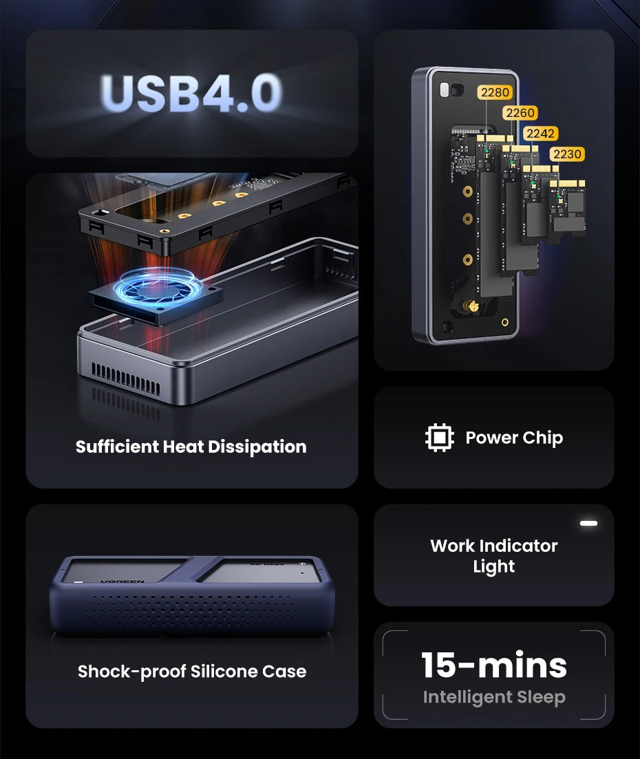 UGREEN 40Gbps NVMe SSD Case SSD Enclosure M.2 to USB4.0 Adapter for M.2 NVME PCIE Built-in Cooling Vest Aluminum Case