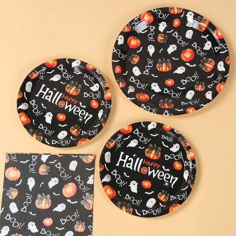 Halloween Disposable Tableware Pumpkin Ghost Boo Paper Plates Cups Napkins Kids Favor Happy Halloween Decoration Trick or Treat