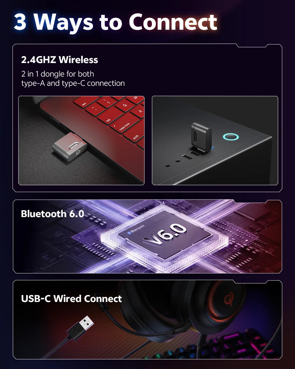 QCY Heroad V200 Gaming Over Ear Headphone Wireless Bluetooth 6.0 with Mic 50mm Driver 7.1 Surround Sound Dynamic EQ RGB Headset