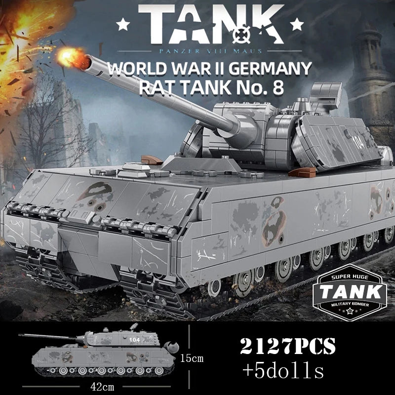 Military Heavy Tank Panzer VIII Maus Building Blocks German WW2 Soldier Police Army Weapons Bricks Children Toy Gifts for Adults