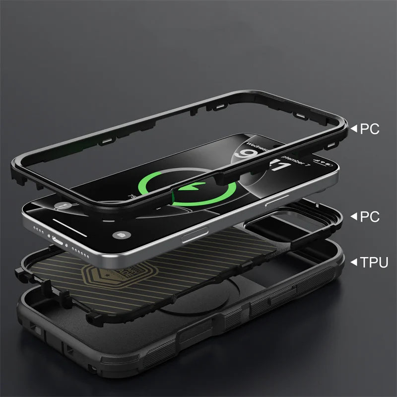3 IN1 Military Heavy Support Hanging Rope Case For IPhone 16 15 14 Plus 13 Pro Max for MagSafe Magnetic Shockproof Cover