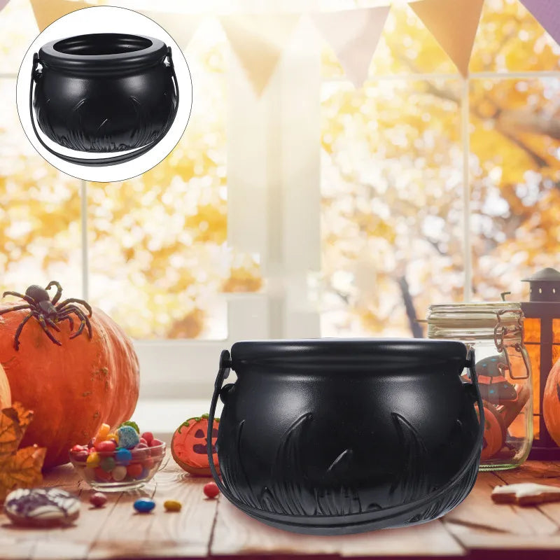 Halloween Themed Decorations Large Size Witch Bucket Plastic Round Basket Candy Cauldron Bucket Witch Basket Plastic Treat Black