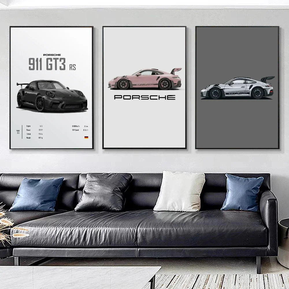 Porsche Cars Poster Self-adhesive Art Waterproof Paper Sticker Coffee House Bar Room Wall Decor