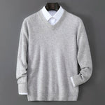 V-Neck Men's 100% Pure Wool Pullover Knitted Sweater, Business Casual Solid Color Simple Long Sleeved Fashionable Loose Warm Top