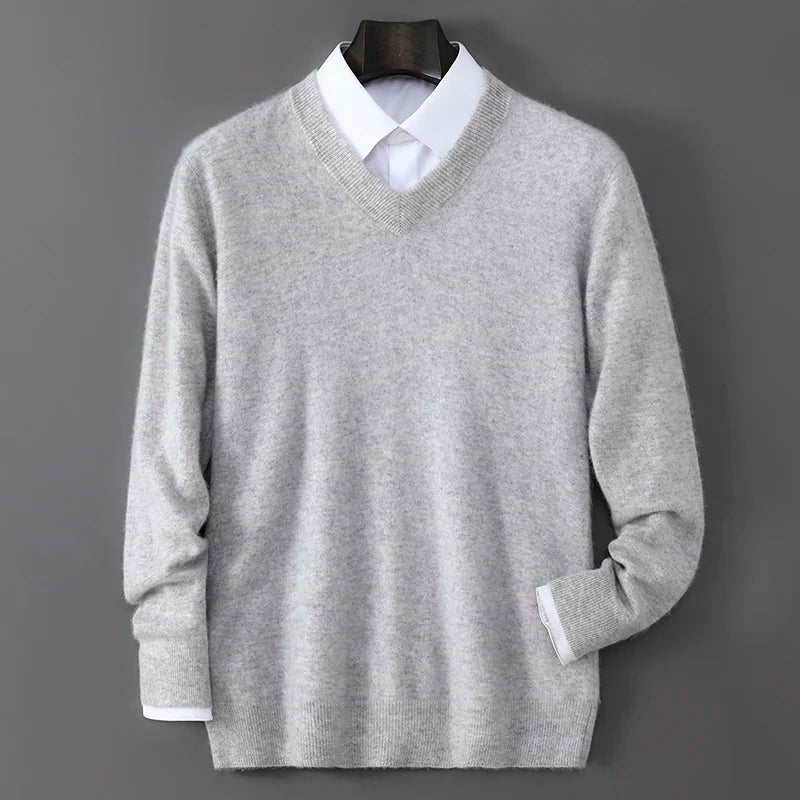 V-Neck Men's 100% Pure Wool Pullover Knitted Sweater, Business Casual Solid Color Simple Long Sleeved Fashionable Loose Warm Top