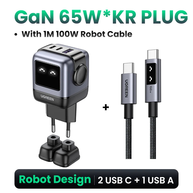【Korean Plug】UGREEN 65W GaN Charger Robot Design QC 4.0 PPS For Macbook Pro Laptop Tablet iPad iPhone16 15 Pro PD Fast Charger