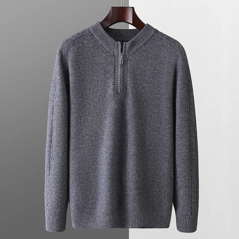 100% pure wool sweater round neck men's thick solid color long sleeved pullover sweater zipper wool knit winter cashmere sweater