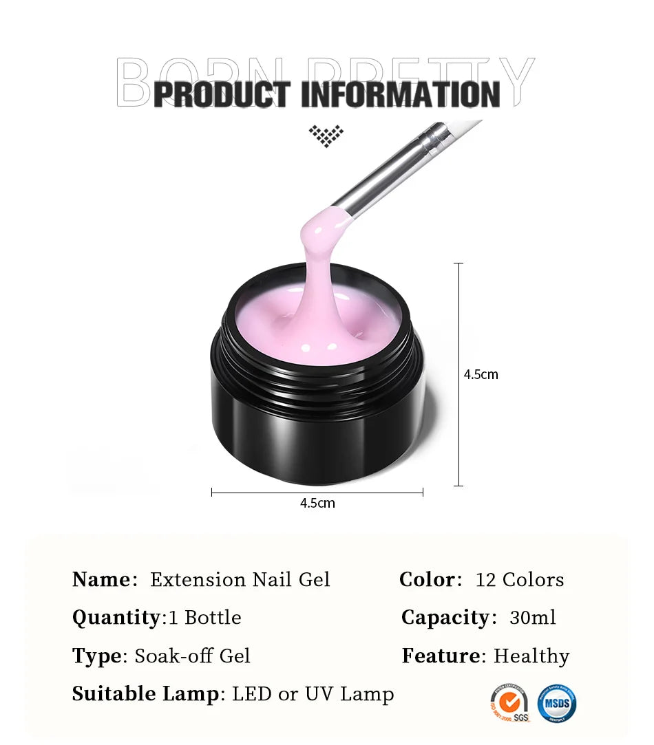 BORN PRETTY 30ml Glitter Pink Hard Jelly Nail Extension Gel Nail Polish Milky White Clear Color Soak Off UV Construction Gel