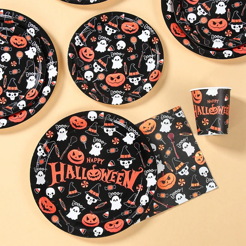 Halloween Disposable Tableware Halloween Party Decoration Spooky Pumpkin Paper Plates Napkins Cups Trick or Treat Party Supplies