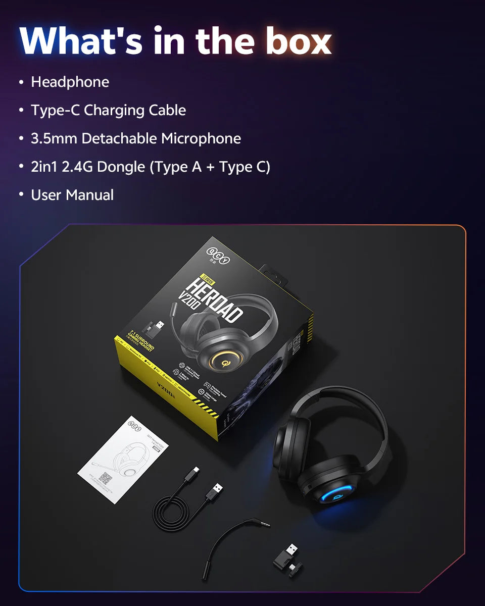 QCY Heroad V200 Gaming Over Ear Headphone Wireless Bluetooth 6.0 with Mic 50mm Driver 7.1 Surround Sound Dynamic EQ RGB Headset
