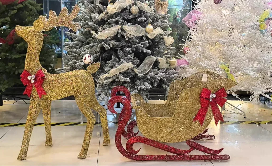 Christmas Lighted Reindeer & Santa's Sleigh, Xmas Lighted Outdoor Yard Decoration