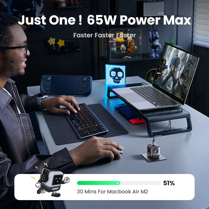 【Korean Plug】UGREEN 65W GaN Charger Robot Design QC 4.0 PPS For Macbook Pro Laptop Tablet iPad iPhone16 15 Pro PD Fast Charger