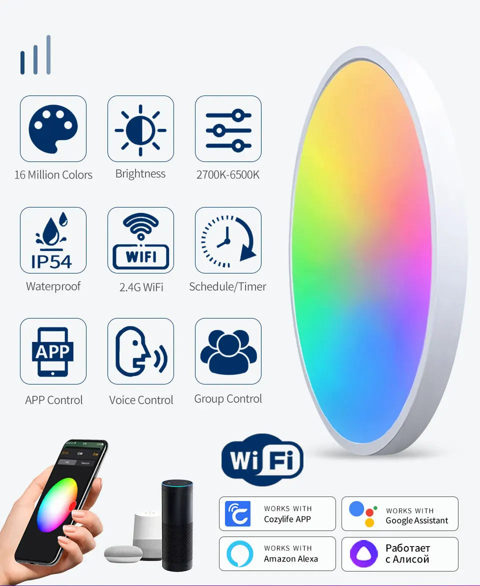 Smart WiFi LED Ceiling Light 24W Cozylife APP Control Voice Control Round Panel Ambient Lamp AC85-265V Works Alexa Geogle Home