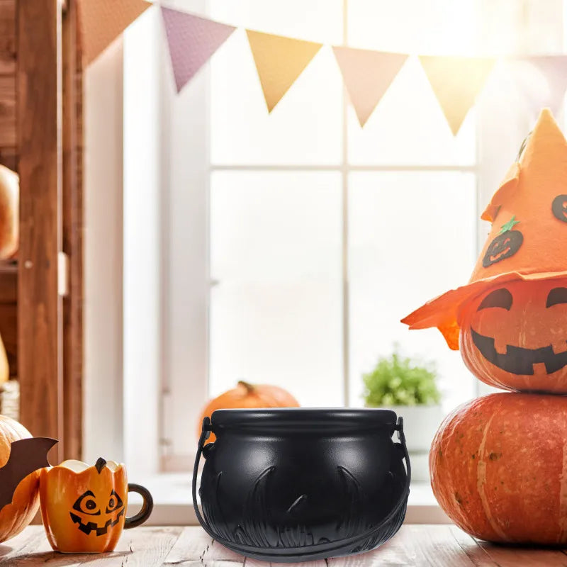 Halloween Themed Decorations Large Size Witch Bucket Plastic Round Basket Candy Cauldron Bucket Witch Basket Plastic Treat Black
