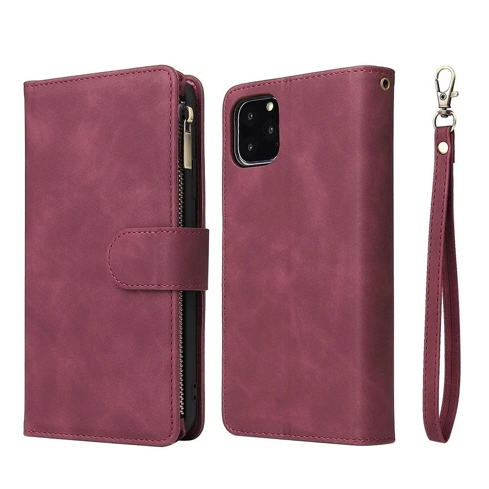 Premium Leather Wallet Case For iPhone 16 15 14 13 12 11 17 Pro Max Plus 17Air 16e Zipper Wallet Card Slots Magnetic Flip Cover