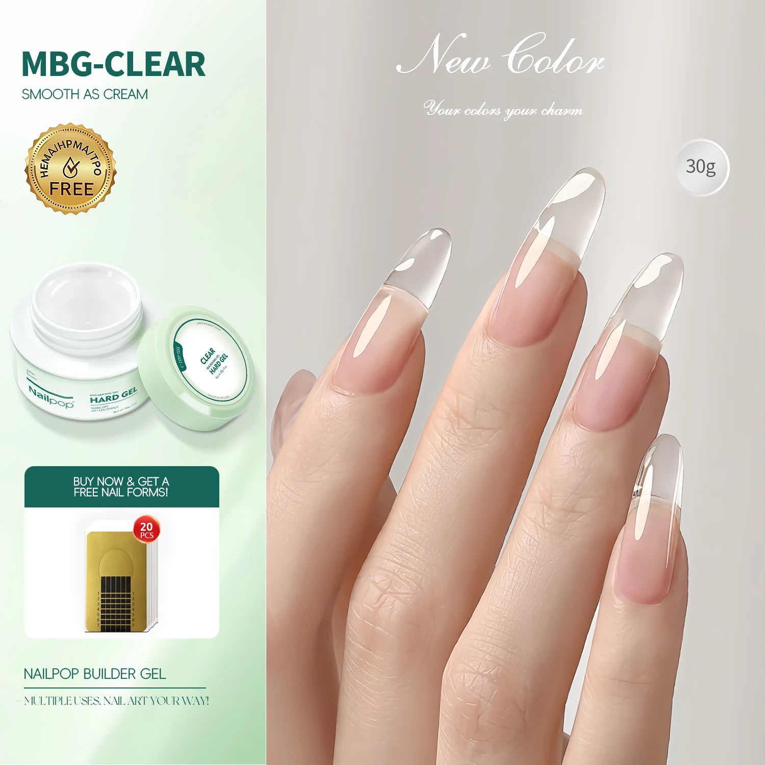 Nailpop HEMA-FREE Builder Gel 30g for Nail Extension Milky Smooth Clear/Pink Long Lasting Quick Building Soak Off UV Nail Gel