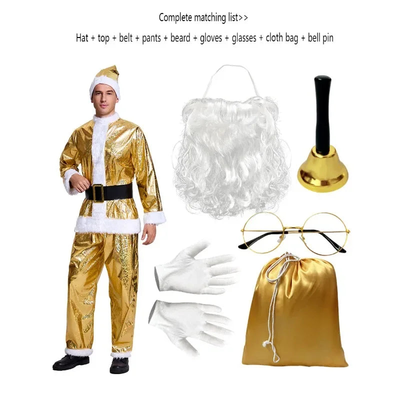 Men's Deluxe Santa Suit Gold Santa Claus Costume for Men Adults Professional Christmas Outfit Xmas Party Cosplay Stage Wear