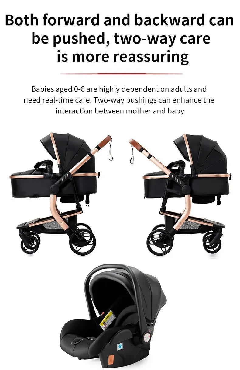 Lightweight Baby Stroller 3 in 1 Stroller PU Leather Stroller for Newborn Baby Car Seat Portable Baby Cart Pram High Landscape