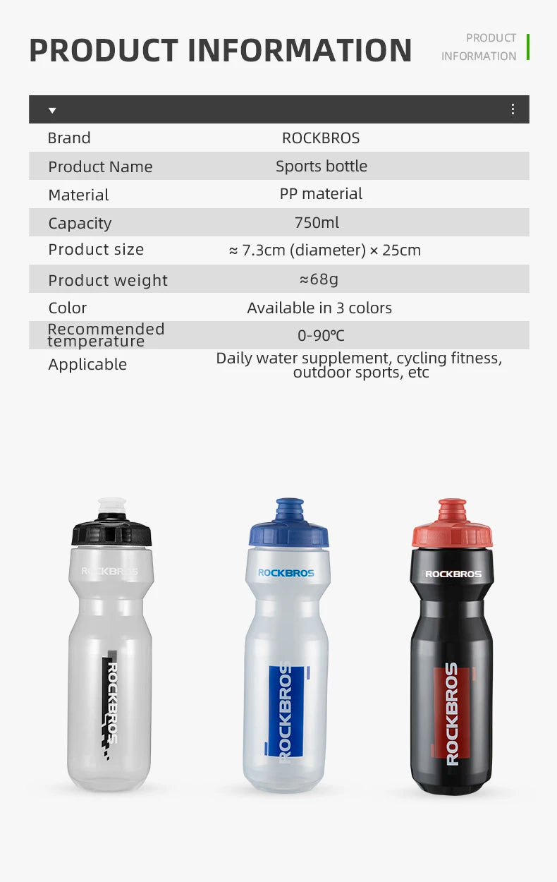ROCKBROS 750ml Bicycle Water Bottle Plastic Sports Fitness Running Hiking Kettle Leak-proof Bike Bottle Cage