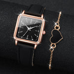 2/4PCS Fashion Square Women's Watch Leather Band Quartz Watches Heart Bracelet Set（Without Box）