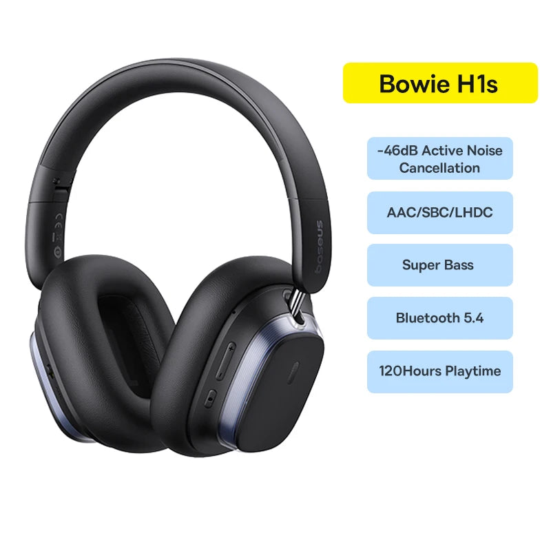 Baseus Bowie H1s Wireless Headphones Bluetooth 5.4 Noise Canceling 46dB Over Ear Headset Hi-Res Spatial Audio Earphone 120H Time