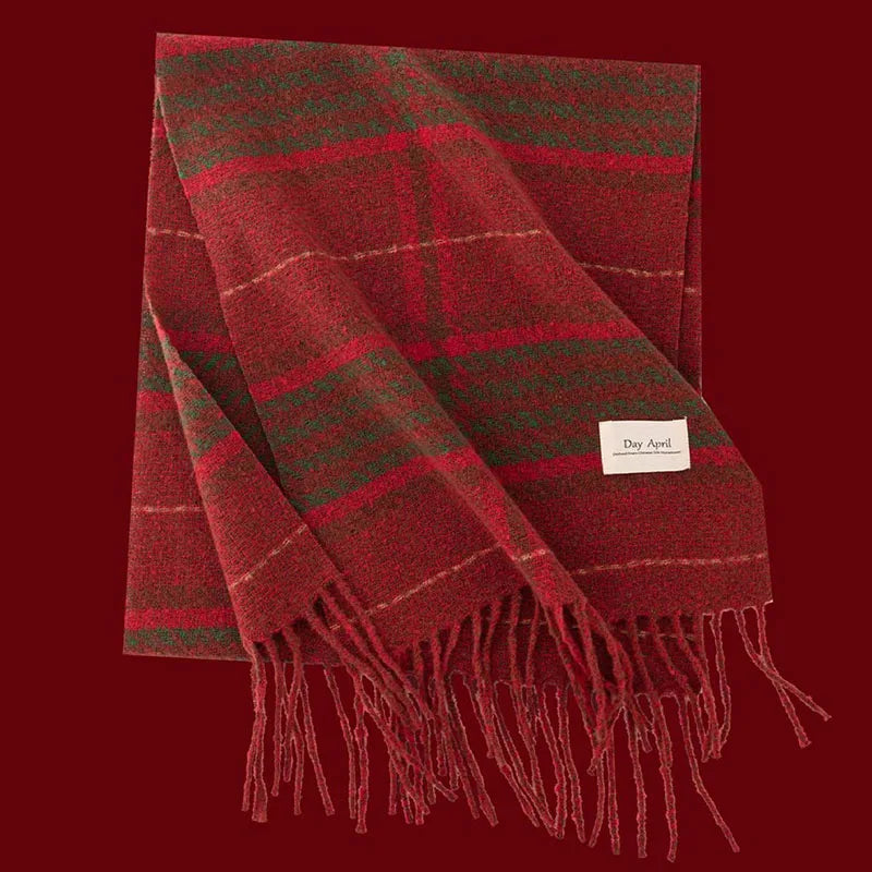 Christmas Red Scarf For Women Imitation Cashmere Plaid Printed Plush Scarf Trend Premium Warm Shawl Tassel Scarves