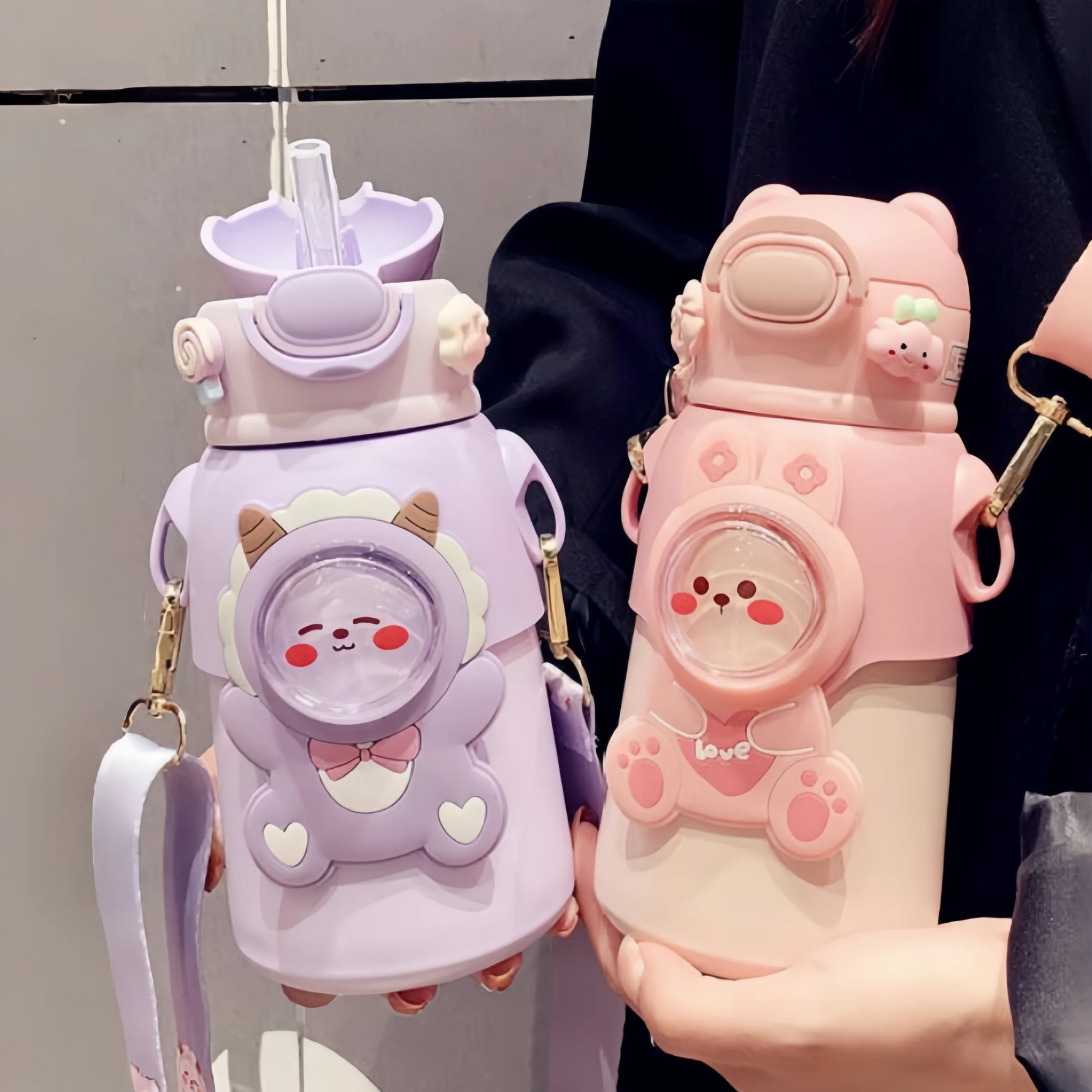 400/500ML Kids Water Bottle Cartoon Dinosaur Thermos Mug Baby Duck Billed Straw 316 Stainless Steel Vacuum Flasks Thermos Bottle