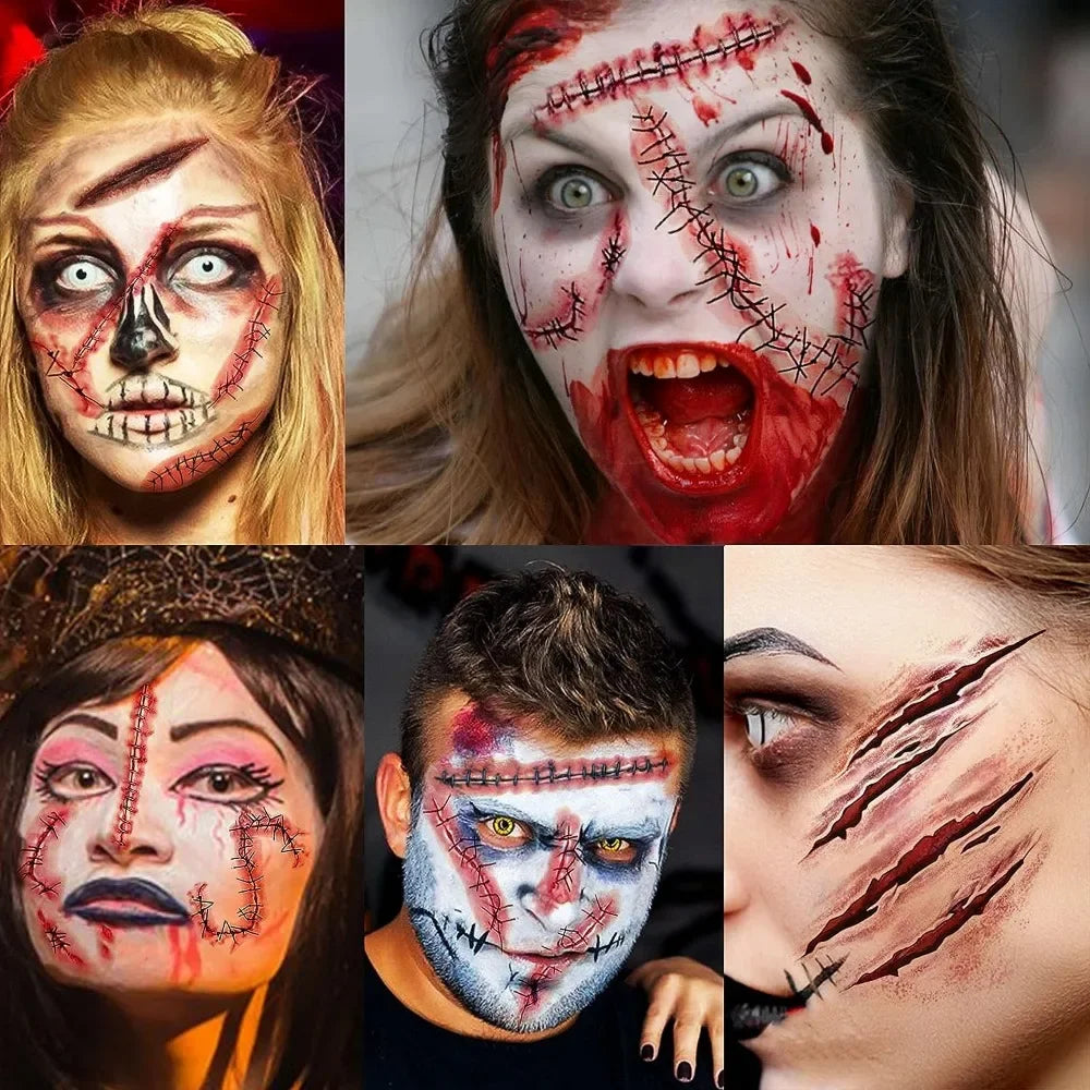 Halloween Temporary Scar Tattoos Sticker Realistic Bloody Wound Scab Body Face Decals for Makeup Masquerade Cosplay Party Prop