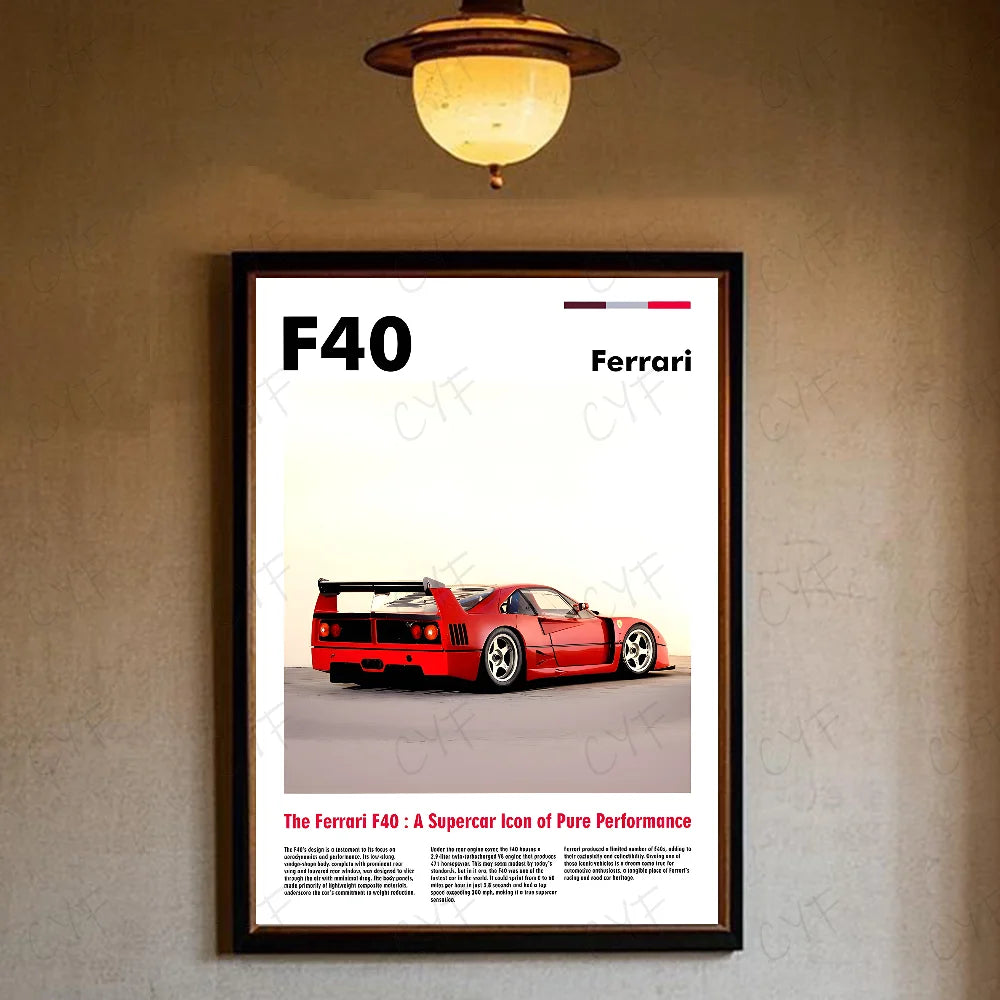Luxury Classic Retro Red Super Sports Car F40 Art High-quality Printed Posters Homeliving room Wall Art Garage Room Decor