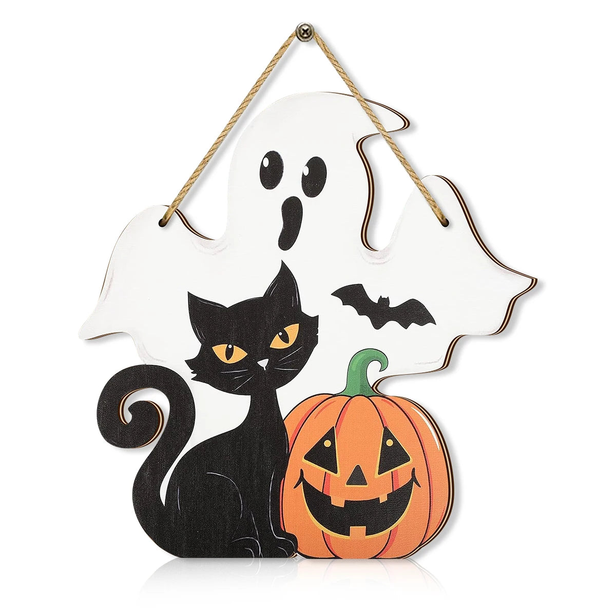 Halloween Decorative Wooden Sign with Ghost, Black Cat, Pumpkin and Bat - Perfect for Seasonal Home Decoration