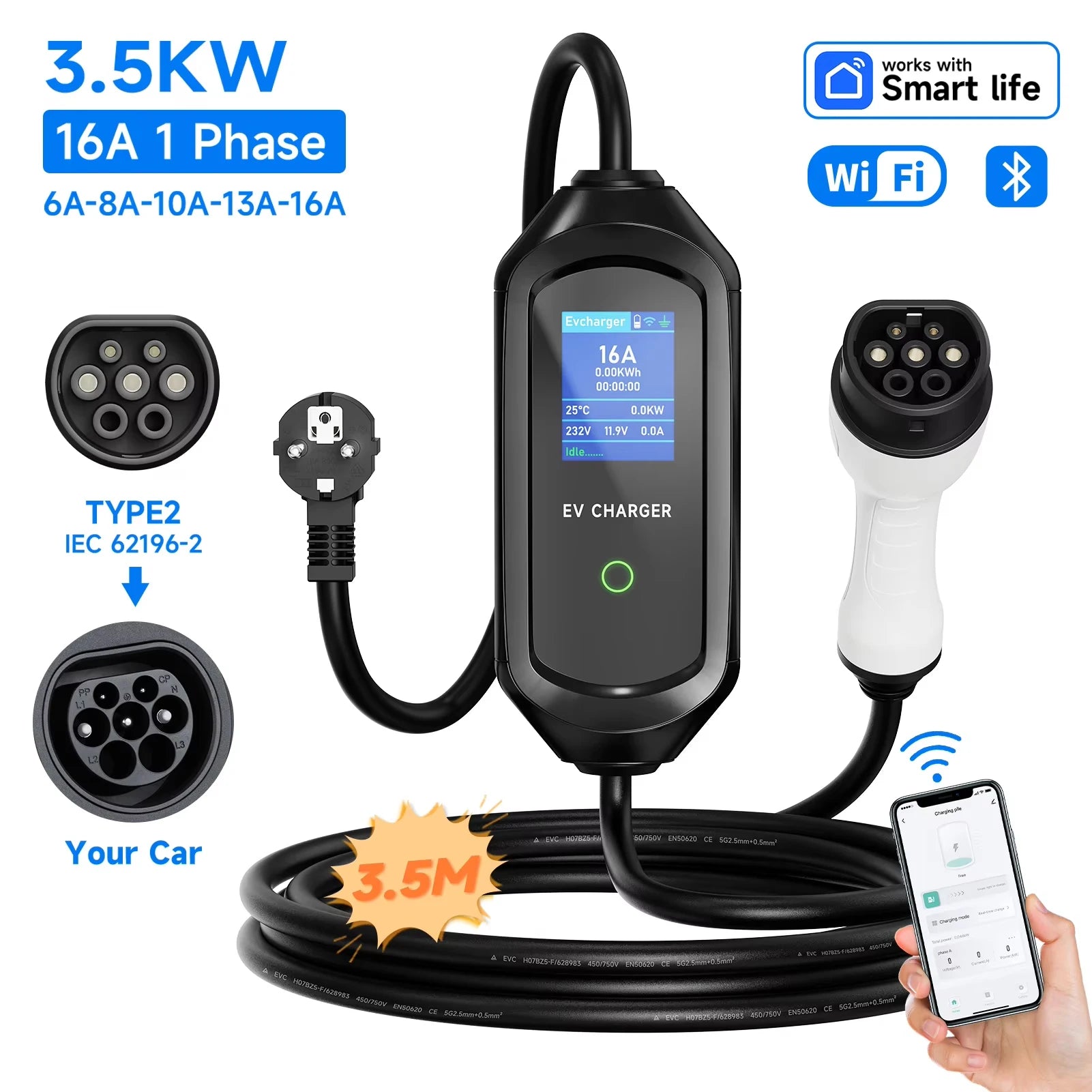 AFEEV 3.5/7KW Portable EV Charger Type2 IEC62196-2 Electric Car Charger 16A EVSE Fast Charging Cable WiFi APP Bluetooth Control