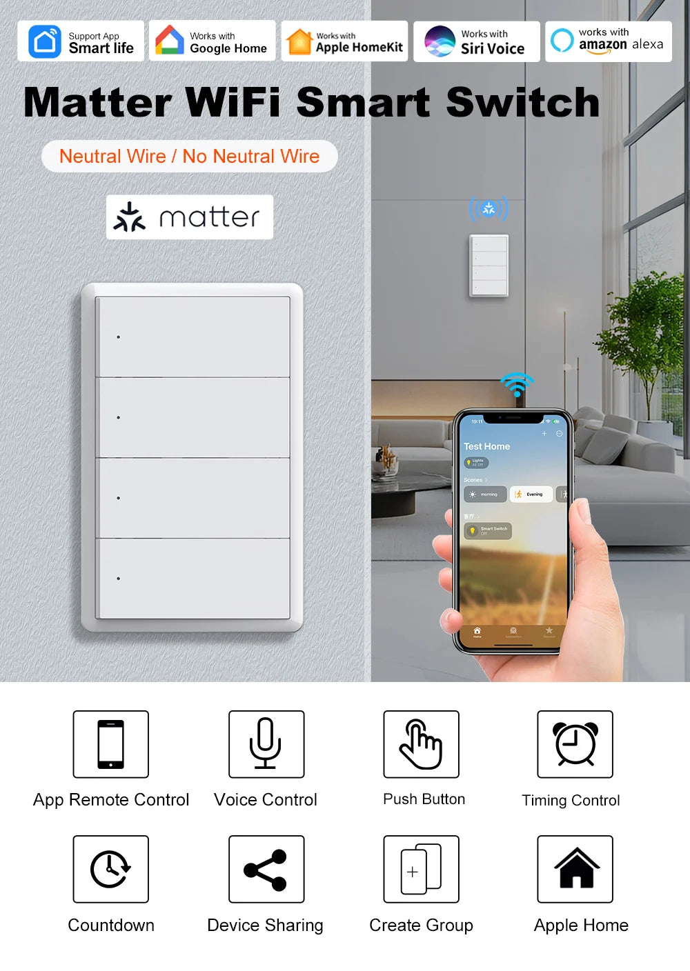 Manhot Matter WiFi Smart Wall Light Switch 1 2 3 4 Gangs with Neutral Wire Push  Physical Light Switches work with Homekit App