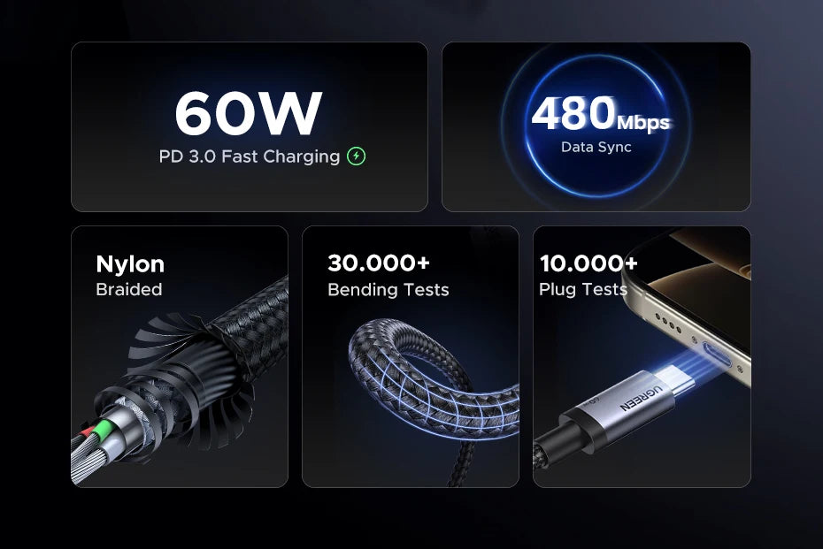 UGREEN PD60W Cable USB-C to USB-C High-Speed Data Sync And Charging Cable Durable Fast Charge Cable for USB-C Devices