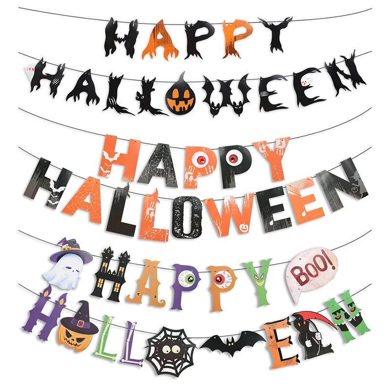 2025 Halloween Party Banner Hanging Pendants Bat Pumpkin Paper Garland Trick or Treat Happy Halloween Decoration Supplies Home