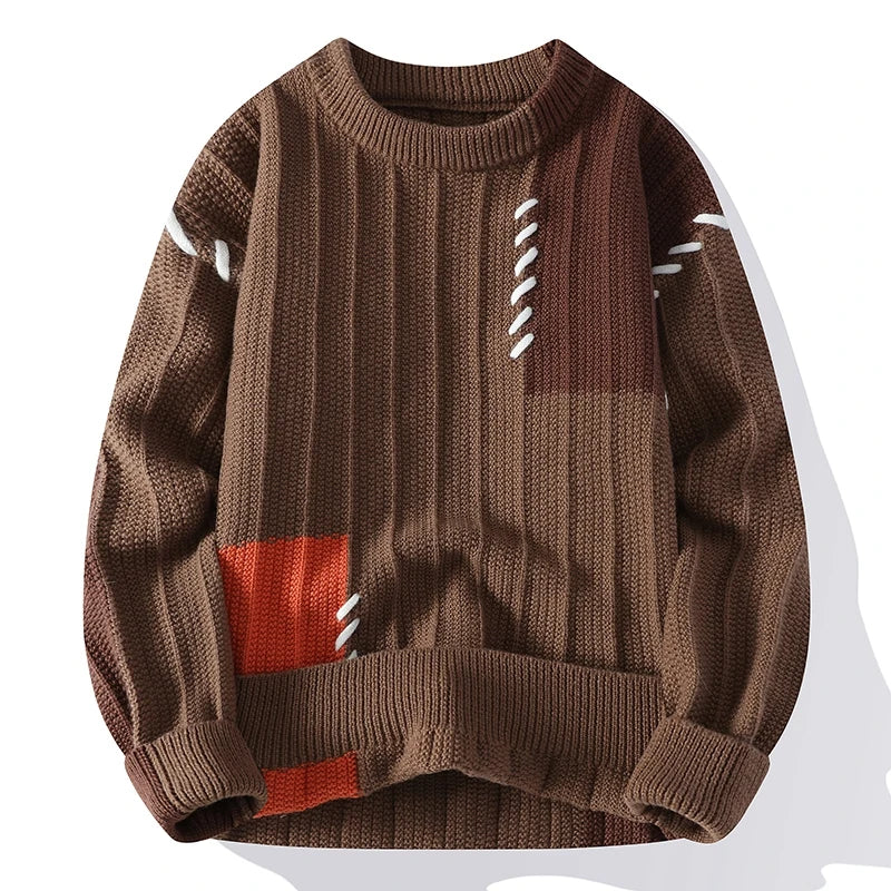 Autumn Winter Fashion Patchwork Knitted Sweater Men Youthful Vitality O-Neck Knit Pullovers Mens Loose Streetwear Warm Sweaters
