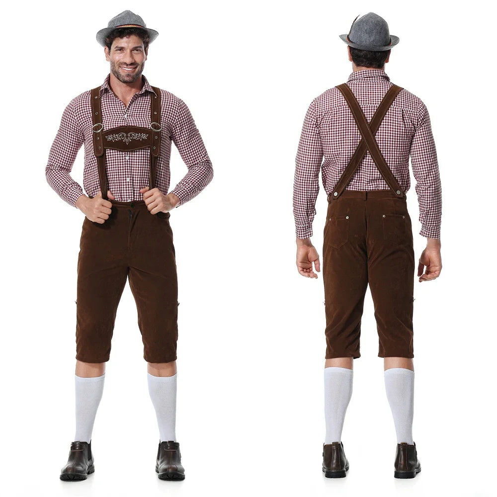M-XXL Men Bavarian Oktoberfest Lederhosen Costume for Cosplay German Beer Festivals Suspenders Rompers Shirt Hat Set Outfit