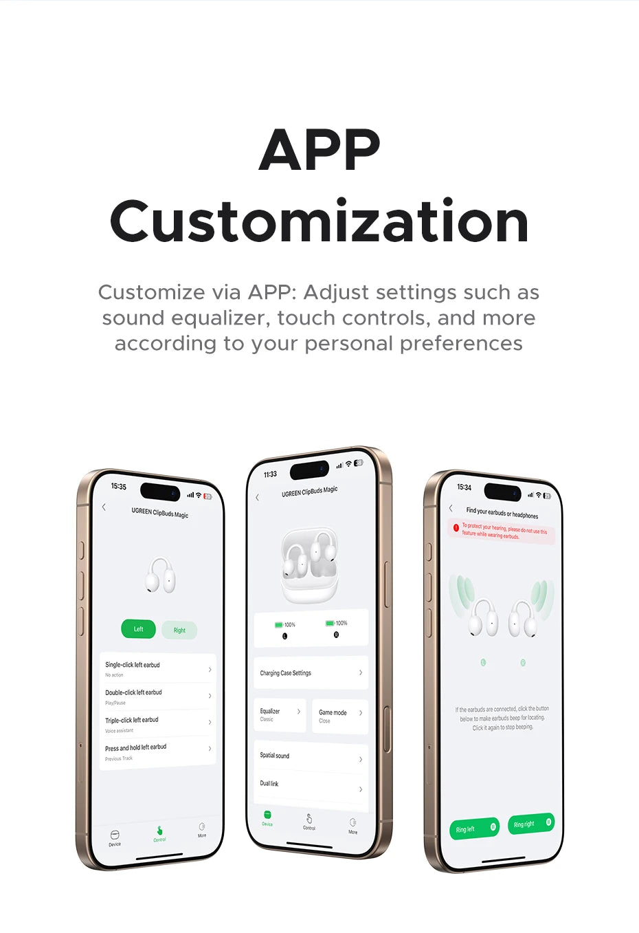 UGREEN LCD Full Color Smart Screen Wireless TWS Bluetooth Earphones Earbuds Open Clip Ear Headphones AI Call Noise Cancellation