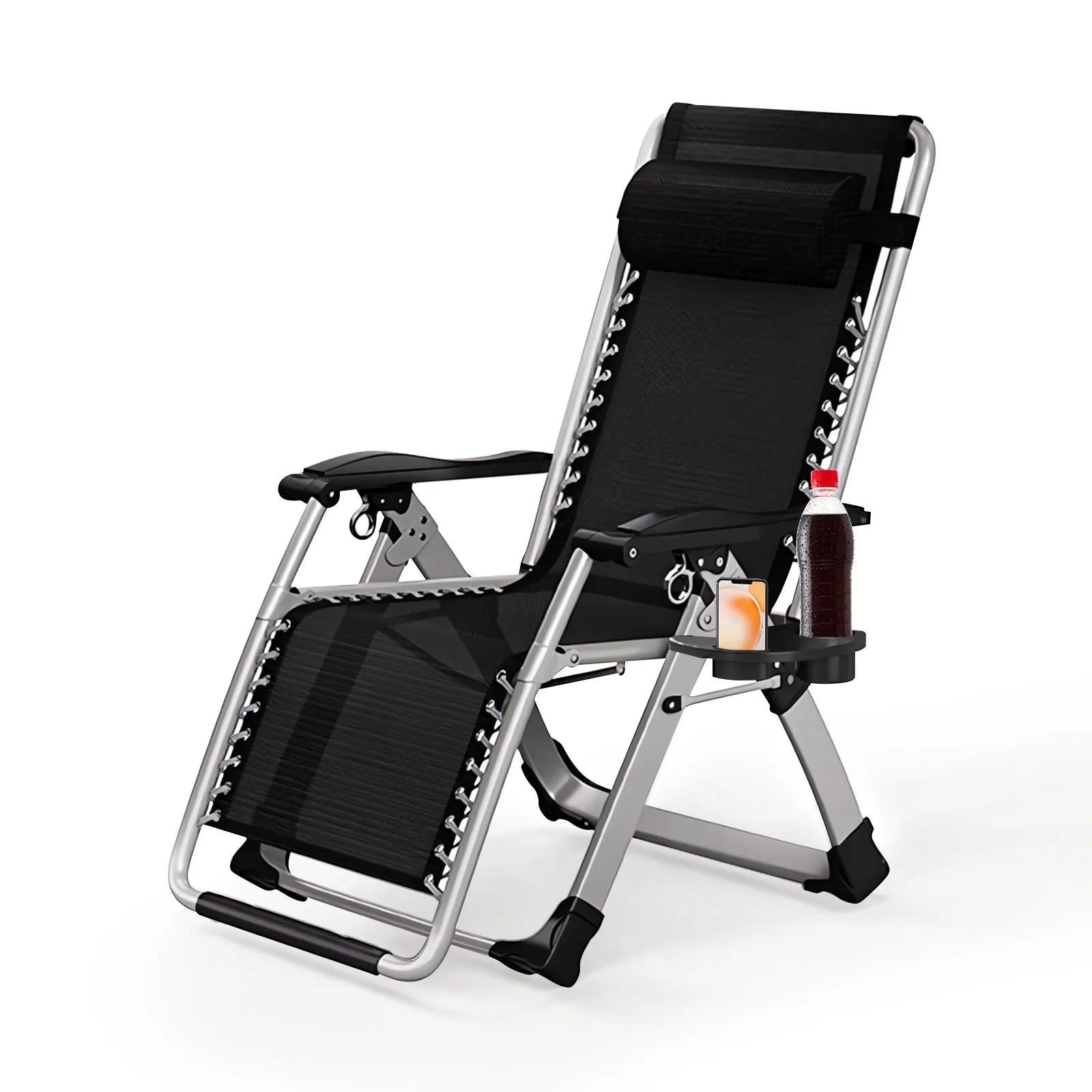 Garden Sunloungers Outdoor Textilene Adjustable Zero Gravity Folding Reclining Lounge Chair with Cup Holder and Headrest Pillow