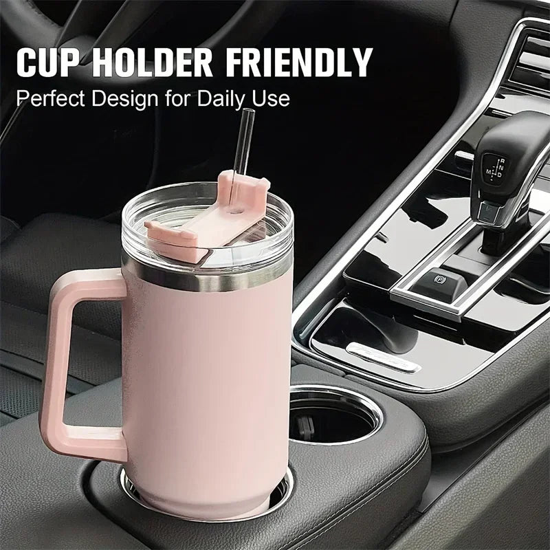 40oz Stainless Steel Car Cup Large Capacity Water Cup with Handle and Straw Double-walled Insulated Travel Mug Holiday Gifts