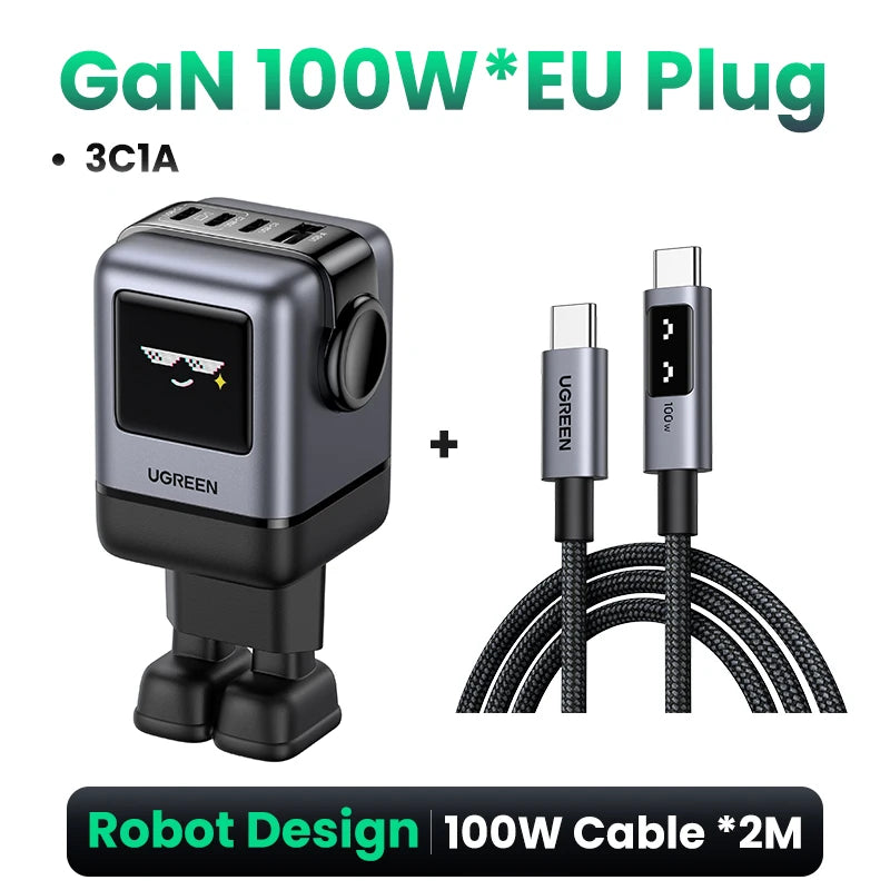 UGREEN Uno 100W GaN Charger Robot Design QC4.0 3.0 PPS PD 3.0 Fast Charger for iPhone 17 16 15 Pro Macbook Air Laptops Tablets