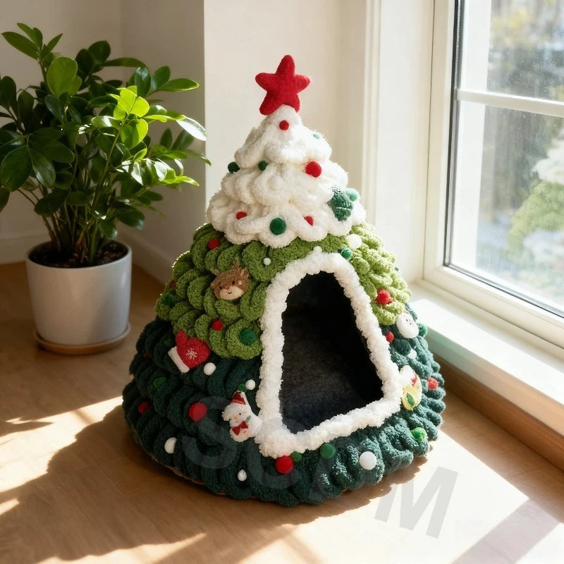 Winter Christmas Tree Cat Nest Handmade /Finished Cat Bed /Winter Warmth Semi Enclosed Dog Nest Felt Cone Pet House 크리스마스 고양이 굴