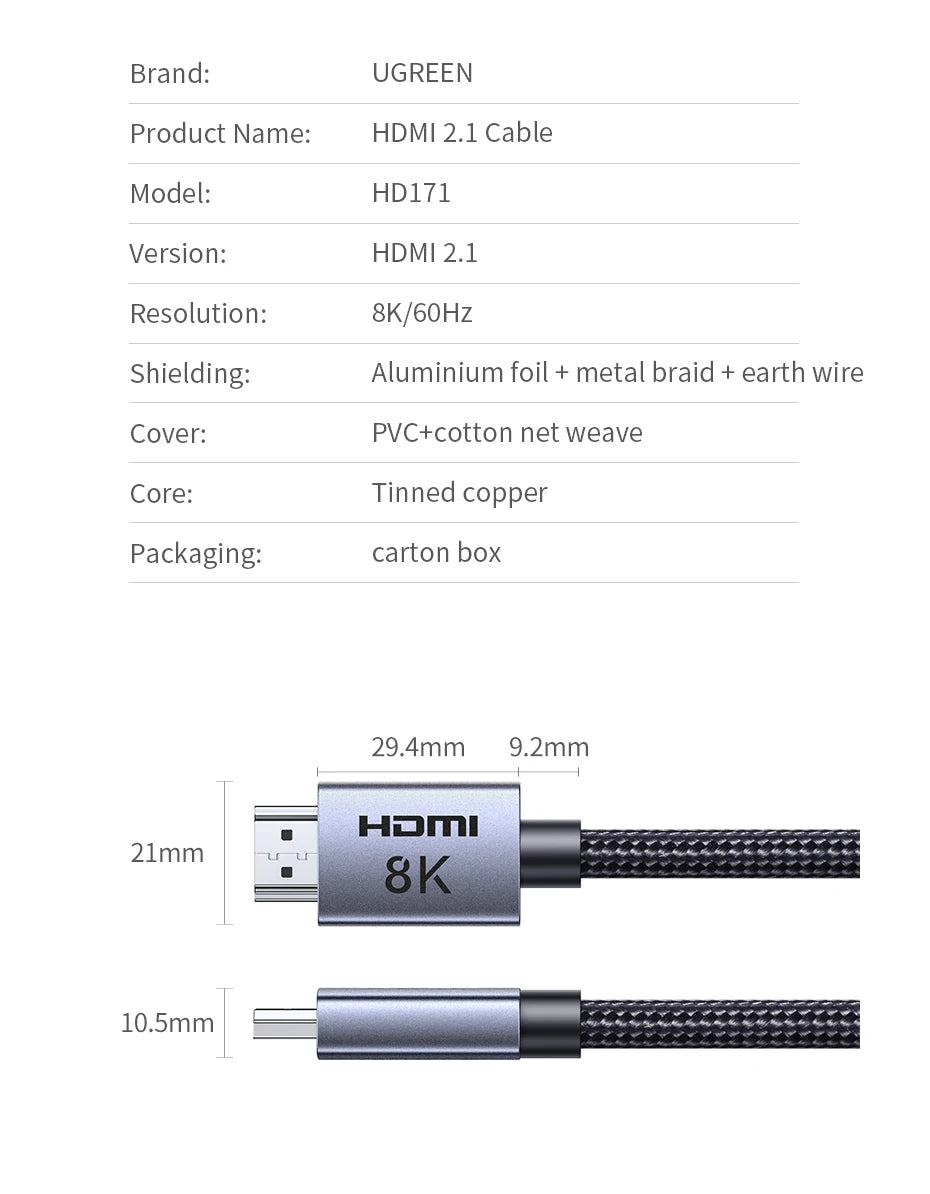 UGREEN HDMI Cable 8K/60Hz for PS5 Xiaomi TV Box Ultra High Speed Certified 8K@60Hz Cable 48Gbps Dolby Vision HDCP2.3