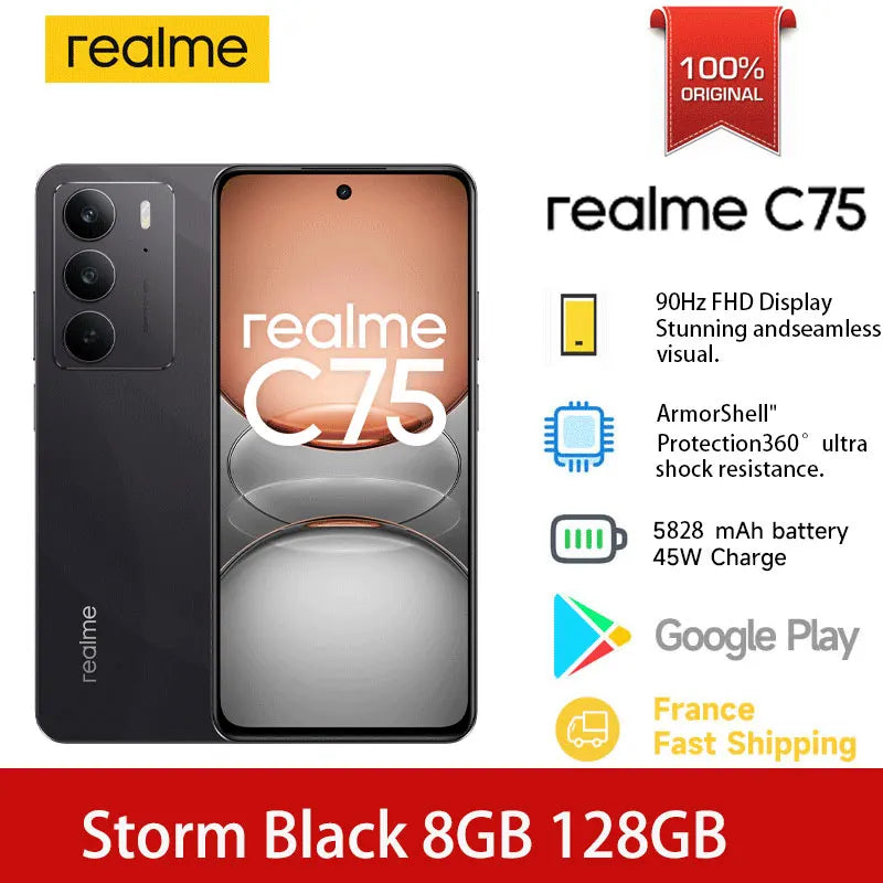 Global Version realme C75 6.72'' 90Hz FHD Display 50MP AI Camera 5828mAh Battery 45W Charge IP69 100% Original Cell Phone NFC