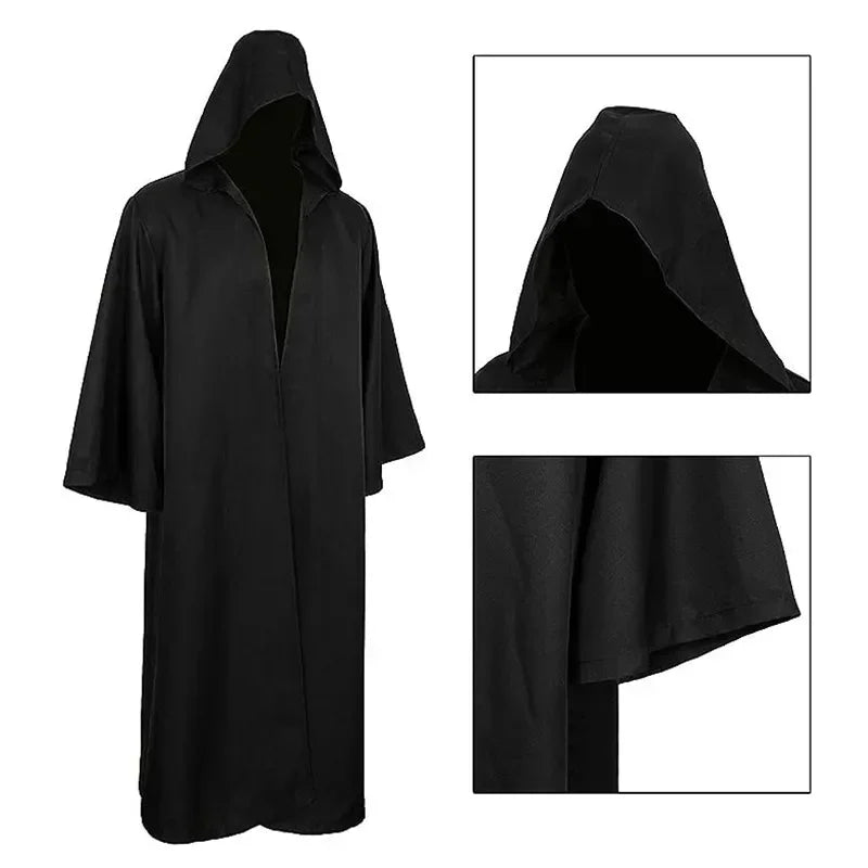 Halloween Medieval Black Robe Cloak Costume Adult Priest Cosplay Hooded Costume and Scary Spooky Loose Cloak for Kids Ladies