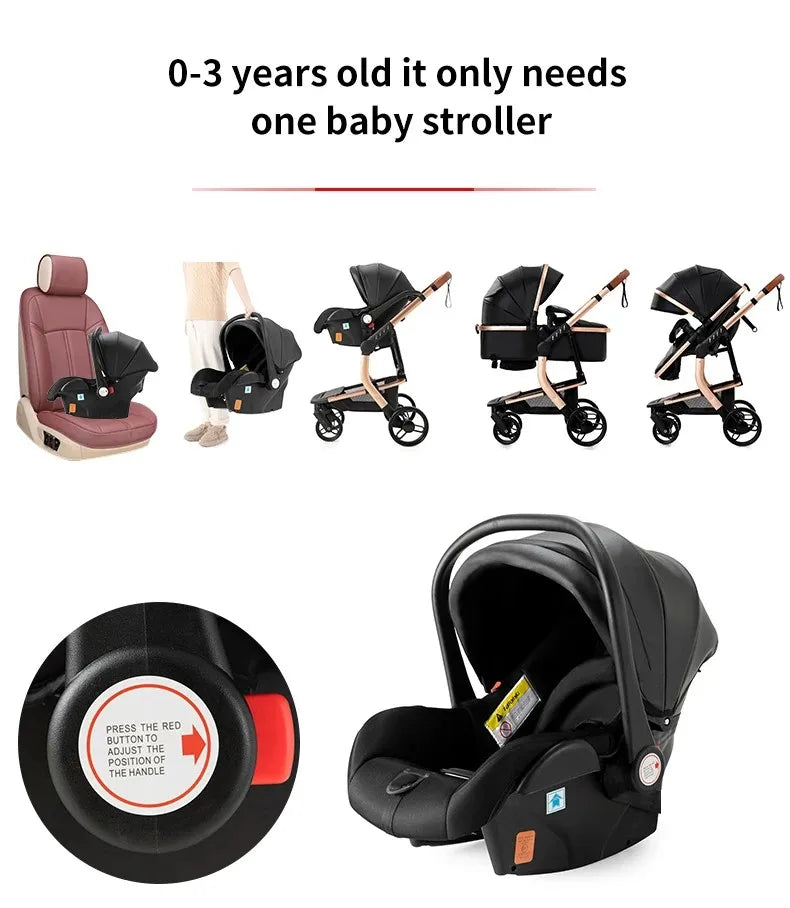 Lightweight Baby Stroller 3 in 1 Stroller PU Leather Stroller for Newborn Baby Car Seat Portable Baby Cart Pram High Landscape