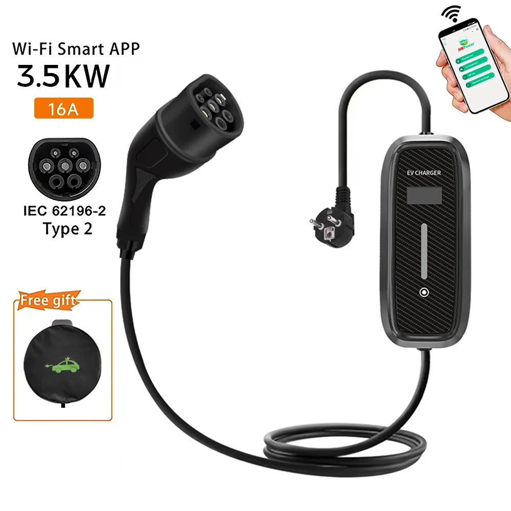 GEARELEC 16A 3.5kW EV Portable Charger Type2 Cable 220V EVSE Charging Wallbox Car Charger for Electric Vehicle WiFi APP Control