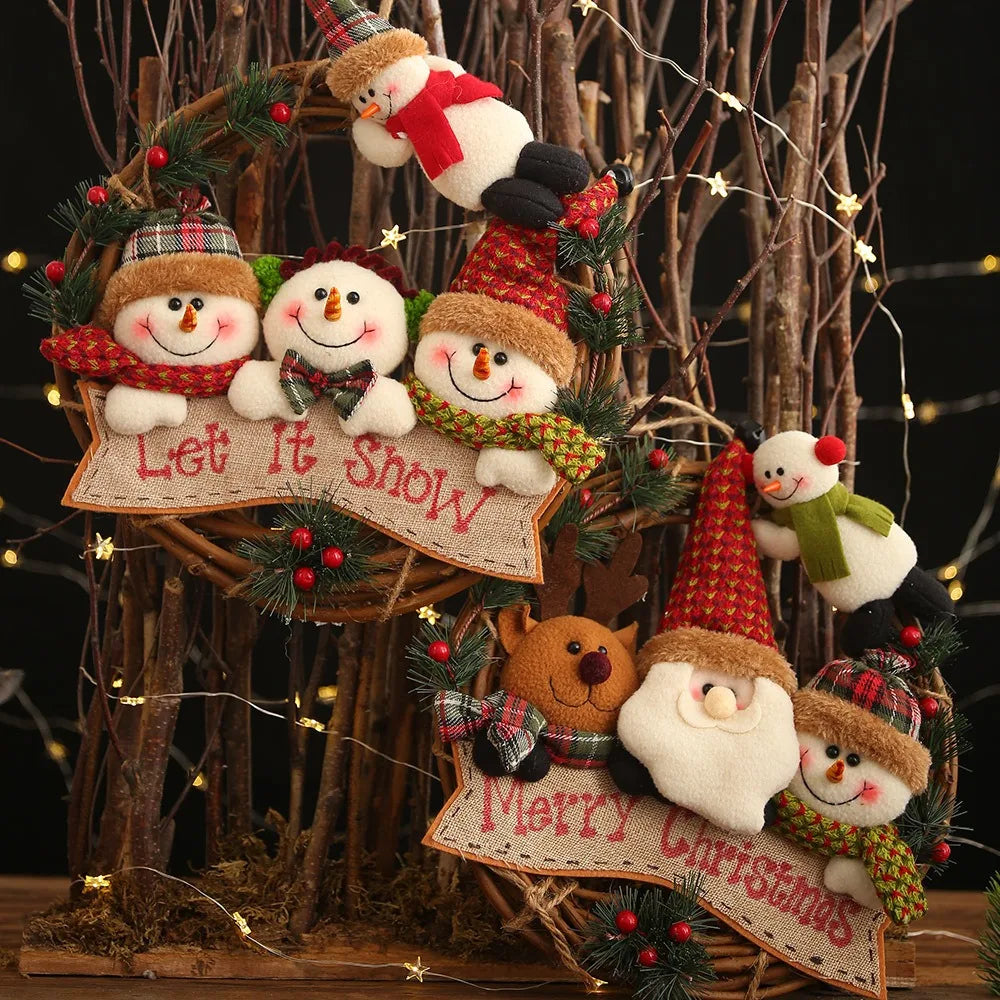 Christmas Vine Ring Wreath Cartoon Santa Claus Elk Snowman Rattan Xmas Wreath Hanging Pendant Noel Navidad Merry Christmas Decor